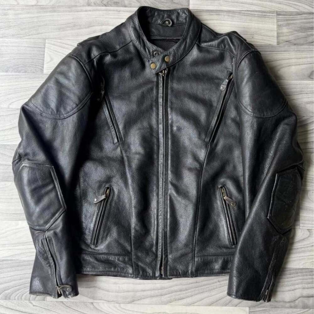 Vintage Y2K Black Leather Biker Jacket Mens Medium Cafe Racer